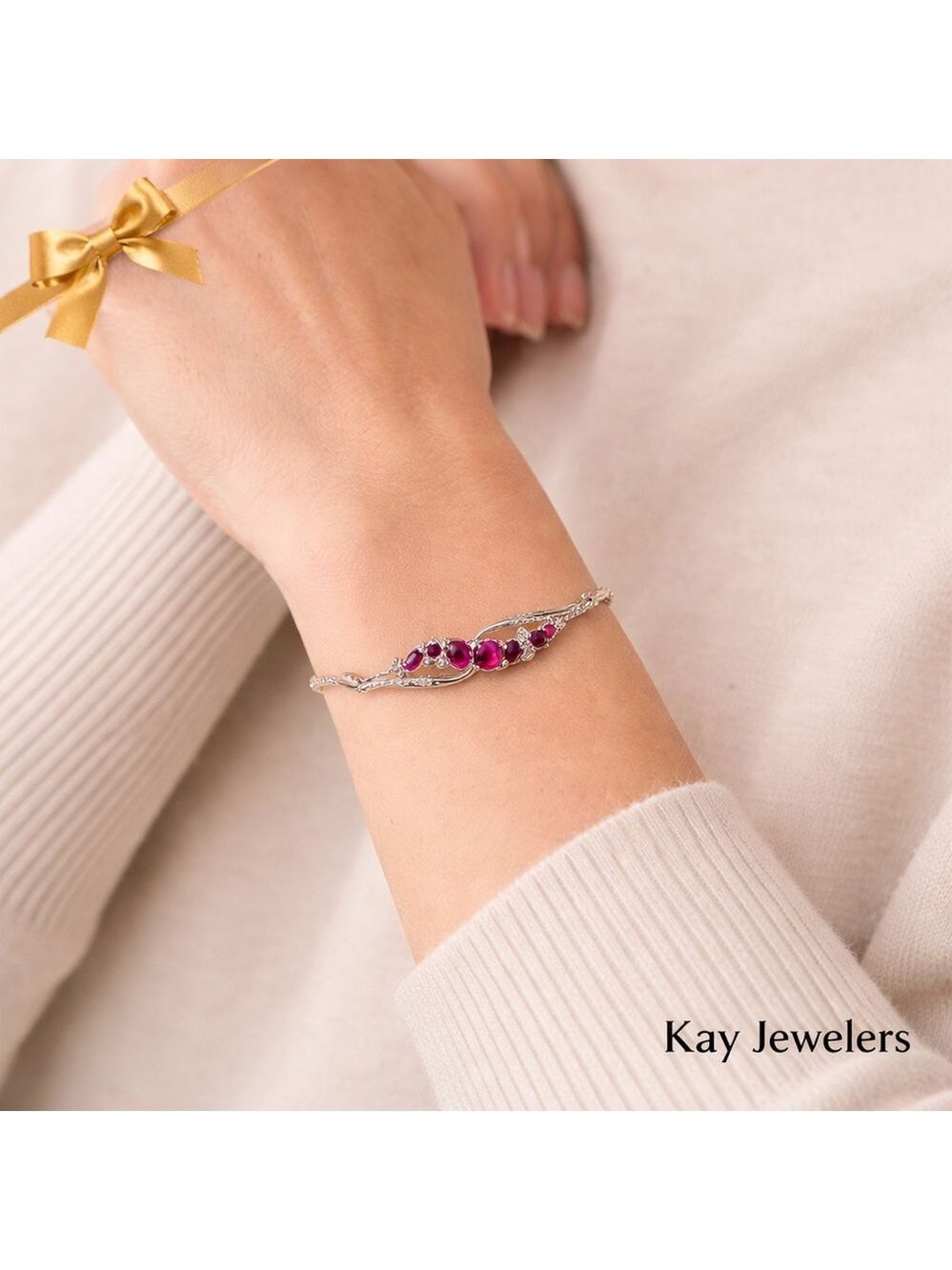 Kay Jewelers Pink Ruby Diamond Bracelet Sterling Silver 9.5"